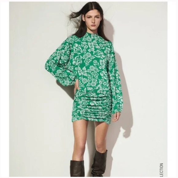 NWT Zara Green/White Floral Balloon Sleeve Jacquard Dress Size Medium